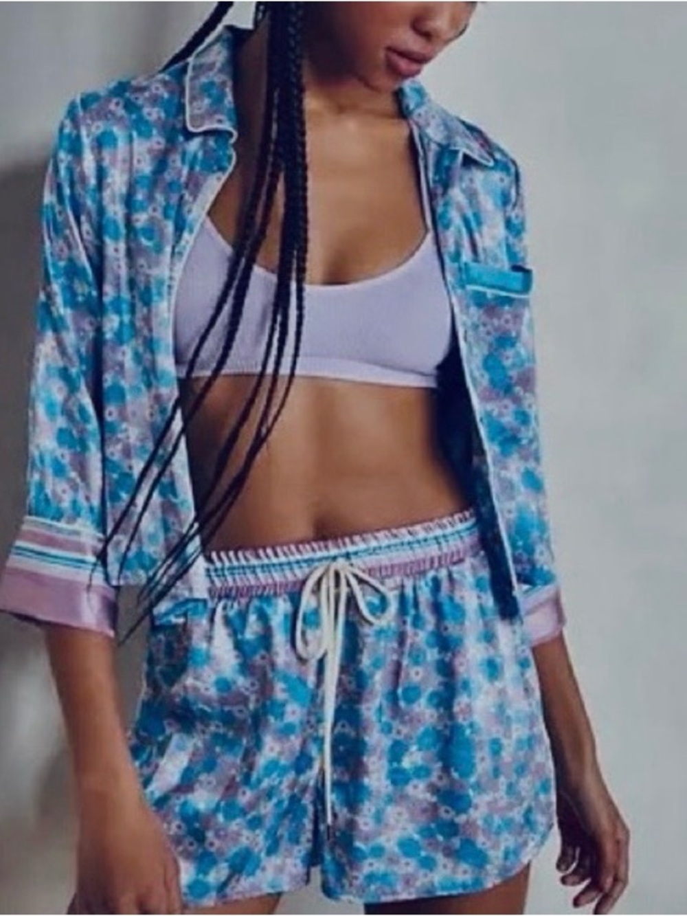 Free People  Pillow Talk Blue Floral combo Two-Pajama Set polyester Size XL